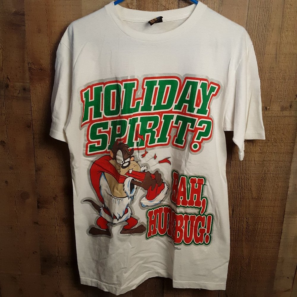 Vintage 1995 Christmas Looney Tunes Taz T Shirt Sz M Made in USA Sun Bah Humbug